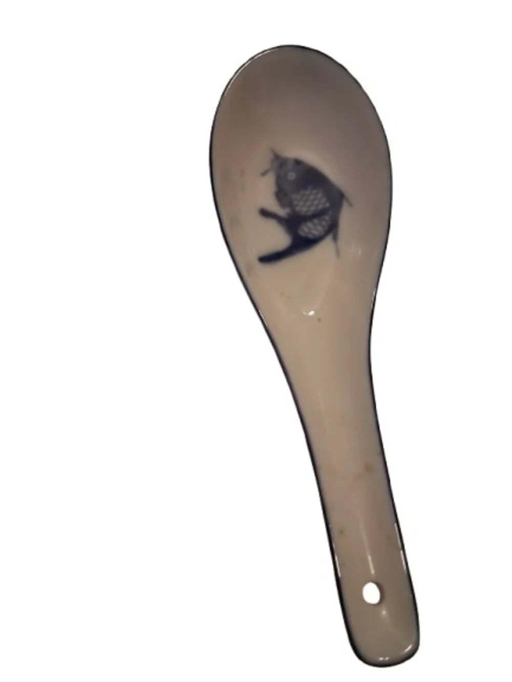 New Koi Carp Ceramic Serving Spoon with Blue Fish Motif - Cream